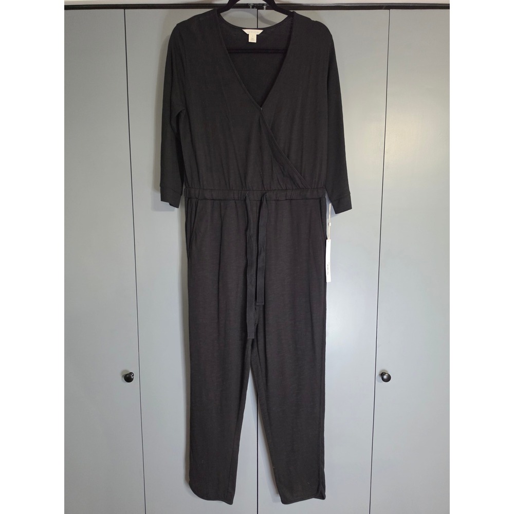 New Caslon Jumpsuit Small Black Surplice V-Neck Drawstring Waist 3/4 Sleeve